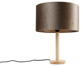 Fa asztali lámpa taupe színű bársonyernyővel 35 cm - Mels