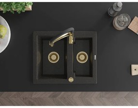 Mexen Carlos, 1,5 kamrás gránit mosogató 582x475x177 mm és Aster mosogató csaptelep, fekete-arany metál, 6518-75-73450-57-G