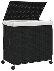 fekete rattan szennyeskosár kerekekkel 60x35x60,5 cm