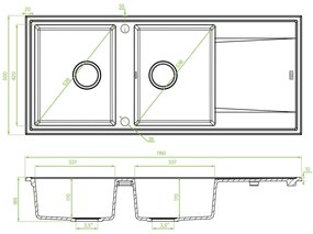 Laveo Megalo, 2 kamrás gránit mosogató 1160x500x185 mm hosszú vízelvezetővel, szürke, LAV-SBE_521T