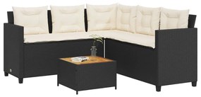 vidaXL L-alakú fekete polyrattan kerti kanapé asztallal és párnával