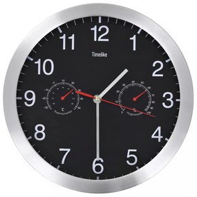 kvarcszerkezetes fekete falióra higrométerrel, hőmérővel 30 cm