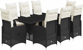 vidaXL 9 részes fekete polyrattan kerti bisztrógarnitúra párnákkal