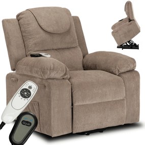 Elektromosan Vezérelhető Masszázsfunkciós Fotel Felállás Segítő Funkcióval, Sötét Bézs Kordbársony Kárpittal. Fenix 2