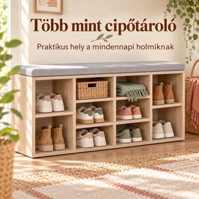 SONGMICS cipőpad 10 rekesszel, párnázott ülőfelülettel, 104 x 30 x 48 cm, max. 150 kg, tölgy