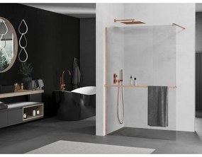 Mexen Kioto+, Walk-In zuhanyparaván polccal és akasztóval 75 x 200 cm, 8mm átlátszó üveg, réz matt profil, 800-075-121-65-00