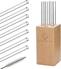 Klarstein Glaswerk Frezzeria, üveg szívószálak, 7 darab, 0,8 x 15 cm (Ø x M), fa tartó, kefe
