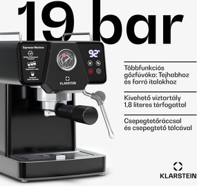 Klarstein Libeica karos kávéfőző, 1350 W, 19 bar, érintéses vezérlés, rozsdamentes acél, nyomás és hőmérséklet jelző