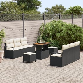 9 Darabos Kert Kanapé Készlet Párnákkal Fekete Poli Rattan Akácia, 2-Fős Kert Kanapé Tárolóval és Párnákkal Fekete Poli Rattan, 3 Darabos Kert Étkező Készlet Párnákkal Fekete Poli Rattan Akácia