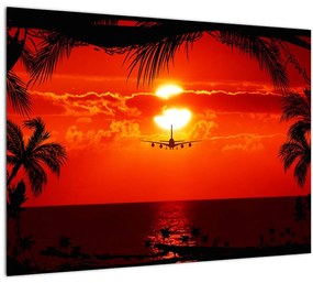 Kép - naplemente repülőgéppel (üvegen) (70x50 cm)
