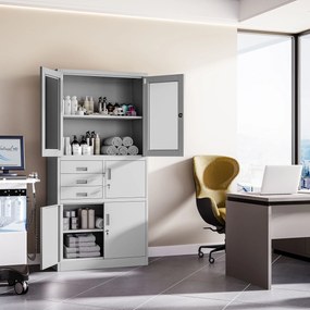 Fém iratszekrény széffel, vitrinnel és fiókokkal FILIP, 900 x 1850 x 400 mm, szürke