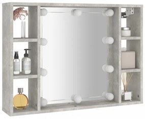 betonszürke tükrös szekrény LED-ekkel 76 x 15 x 55 cm