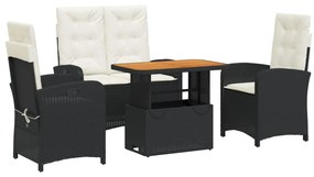 vidaXL 4 részes fekete polyrattan kerti étkezőszett párnákkal