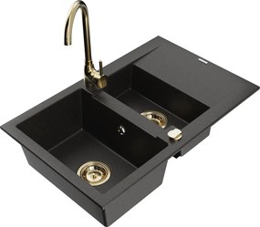 Mexen Gaspar gránit mosogató 1,5 rekeszes csepptálcával és Telma konyhai csapteleppel, fekete/arany - 6507-75-670200-50