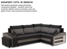 Grande sarokkanapé polcokkal és puffokkal , polc a jobb karfaban puffok a bal karfaban, jobboldali, szövet anyag, hab töltet, fekete - szürke