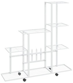 fehér acél virágtartó állvány kerékkel 94,5 x 25 x 92,5 cm