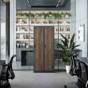 Pléh öltözőszekrény talpazaton, kétmodulos, polccal és köztes fallal KACPER, 800 x 1800 x 500 mm, Eco Design: antracit/ dió