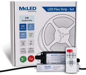 McLED  LED szalag - készlet 1 m + Vevő Nano IP67, 240 LED/m, CW, 6 W/m, DC 24V, 520 lm/m, CRI90, IP67, 10 mm, Vezető 3 m ML-126.032.90.S01002