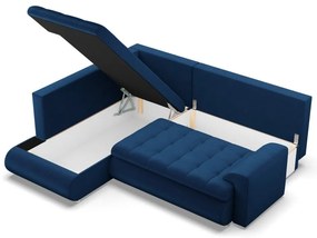 Tokio sarokkanapé, L alakú háttámlával, 2 ágyneműtartóval, bársony, baloldali, kék