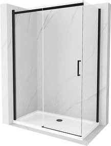 Mexen Omega, tolóajtós zuhanykabin 130 (ajtó) x 70 (fali) cm, 8mm átlátszó üveg, fekete profil + vékony fehér zuhanytálca fekete szifonnal, 825-130-0…