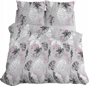 Ágyneműhuzat 160x200 Szatén Mikroszálas Virágok Levelek Szürke Rózsaszín