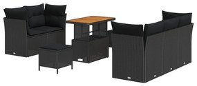 8 Darabos Kerti Sofa Szett Párnákkal Fekete Polirattan Akác, 3 Darabos Kerti Étkező Szett Párnákkal Fekete Polirattan Akác