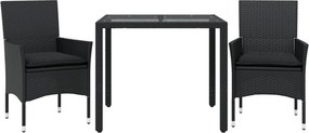 vidaXL 3 részes fekete polyrattan/üveg kerti étkezőgarnitúra párnákkal