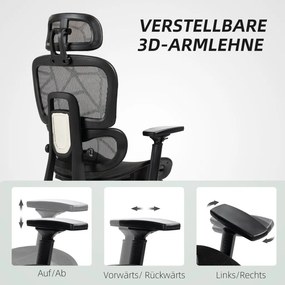 HOMCOM Ergonomikus irodai szék, hálós szövettel, állítható 3D, karfákkal és fejtámlával, fekete