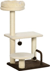 PawHut Macskakaparó Fa Tetővel, Játék Golyókkal, Részecskefából és Zsákanyagból, 44x38x81 cm, Bézs | Aosom