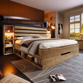 Kétszemélyes ágy 180×200cm Fiókos fejtámla polccal Fa Led Usb C tölgy