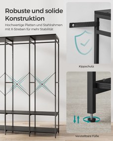 Ruhaakasztó, nyitott gardrób, polcokkal, 141x40x180cm, fekete