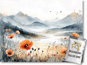 Fotótapéta Flizelina Tájkép Hegyek Panoráma Rét Pipacs Virágok 416x290 ragasztó