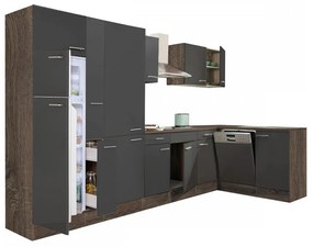 Yorki 370 sarok konyhablokk yorki tölgy korpusz,selyemfényű antracit fronttal polcos szekrénnyel és felülfagyasztós hűtős szekrénnyel
