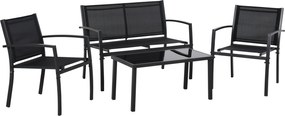 Outsunny 4 részes kültéri kert szett 2 székkel, 1 kétszemélyes kanapéval és fekete edzett üveg kávézóasztallal | Aosom