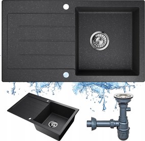 Fekete, gránitőrleményes mosogatótál, nagy, egy medencés mosogató szifon