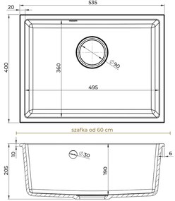 Mosogató minőségi Crypton 60, konyhai gránit mosogató 535x400x205 mm + arany szifon, fekete foltos, SKQ-CRY.B.1KBO.60.XG