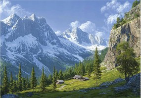 Fotótapéta hegyi táj zöld fehér alpesi házikók 416 x 254