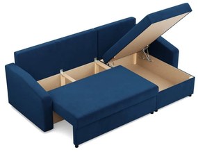 Zeus sarokkanapé, 2 ágyneműtartóval, döntött kartámasz, bársony, univerzális oldal, bonell töltet, kék