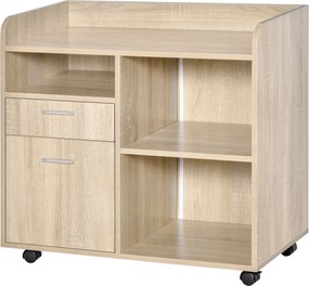 Vinsetto Multifunkciós Irodai Nyomtató Állvány 3 Fakkal és 2 Fiókkal, Állítható Polccal, Kerekekkel és 2 Fék/fúzió 80x40x72 cm Tölgy | Aosom