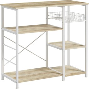 HOMCOM Modern Konyhai Polc 1 Kosárral, 4 S-alakú Akasztóval, 6 Állítható Talppal és Polccal 90x40x84.5 cm Tölgy és Fehér | Aosom