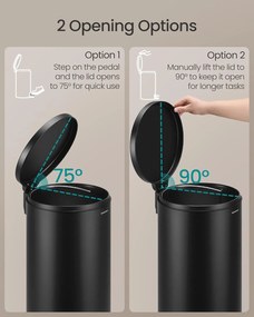 Fém kerek konyhai szemetes, 30 L, pedálos, műanyag belső vödörrel, fekete