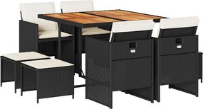 vidaXL 9 részes fekete polyrattan kerti étkezőgarnitúra párnákkal