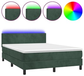 sötétzöld bársony rugós és LED-es ágy matraccal 140x200 cm