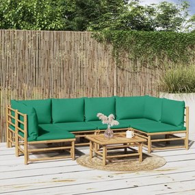 7 részes bambusz kerti ülőgarnitúra zöld párnákkal