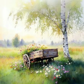 Vászonkép Canvas Tájkép Nyírfa Fa Kocsi Virágok 80x80