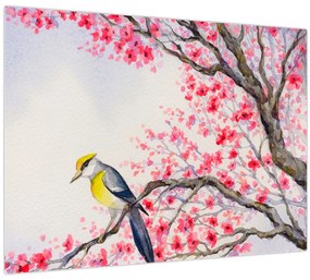 Kép - Madár egy fán, piros virágokkal (üvegen) (70x50 cm)