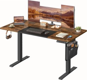 SONGMICS elektromosan állítható magasságú íróasztal, 140 x 60 cm, 4 memóriahellyel, USB-C töltőporttal és tárolózsebbel, vintage barna és fekete