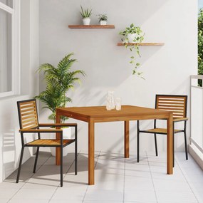 3 darabos Kerti Étkező Garnitúra Fekete Polyrattan Akác, Egymásra Rakható Kerti Székek Párnákkal 2 db Fekete Polyrattan