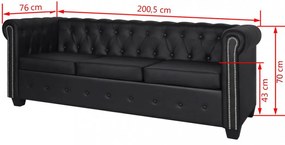 2 személyes és 3 személyes fekete műbőr Chesterfield kanapé
