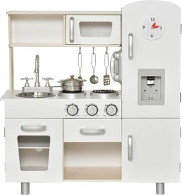 HOMCOM Gyerek Konyha Tartozékokkal, Álomtársasjáték Konyha, Játék Konyha 3 Éves Korú és Annál Idősebb Gyerekeknek, Fenyő, MDF, Fehér, 74 x 30 x 81 cm